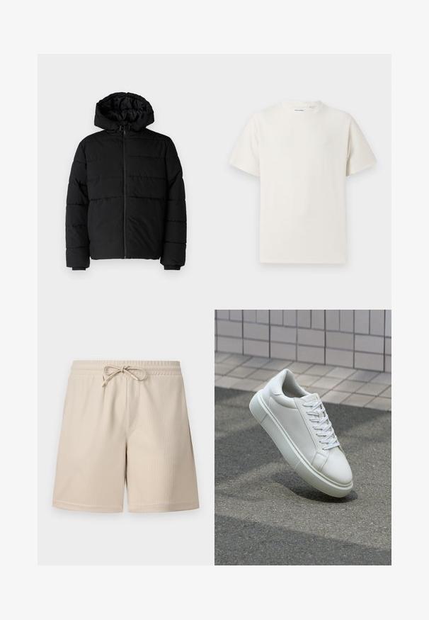 Schwarze Daunenjacke mit Reißverschluss vorne, Kapuze und horizontalem Steppmuster. Hergestellt aus einem glatten, strapazierfähigen Stoff mit gerippten Manschetten.; Weißes T-Shirt mit kurzen Ärmeln in gerippter Textur. Runder Ausschnitt, lockere Passform, keine sichtbaren Muster oder Akzente. Einfaches und vielseitiges Design.; Beige Shorts mit geripptem Textur, verstellbarem Bund und Seitentaschen, die ein schlichtes und funktionales Design zeigen.; Weiße Leder-Sneaker mit glatter Oberfläche, runder Zehenpartie und flachen weißen Schnürsenkeln. Verfügt über eine strukturierte Gummisohle und minimalistische Designelemente.