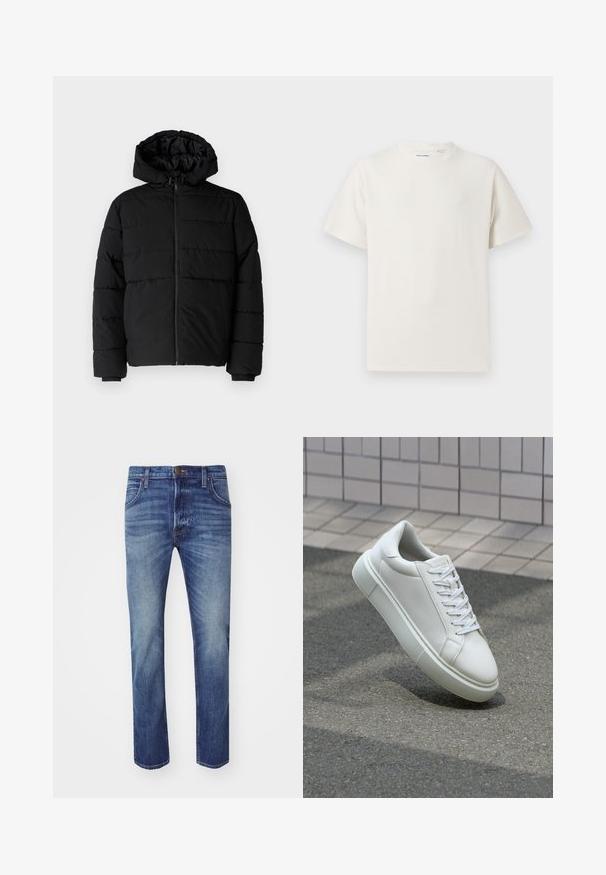 Casaco puffer preto com fecho de correr, capuz e design acolchoado horizontal. Feito de um tecido liso e durável com punhos canelados.; T-shirt branco de manga curta em textura canelada. Gola redonda, ajuste descontraído, sem padrões ou detalhes visíveis. Design simples e versátil.; Calças de ganga azul para homem com corte reto, textura desbotada, design de cinco bolsos e fecho em botão metálico.; Tênis de couro branco com superfície lisa, bico redondo e cadarços brancos planos. Apresenta uma sola de borracha texturizada e elementos de design minimalistas.