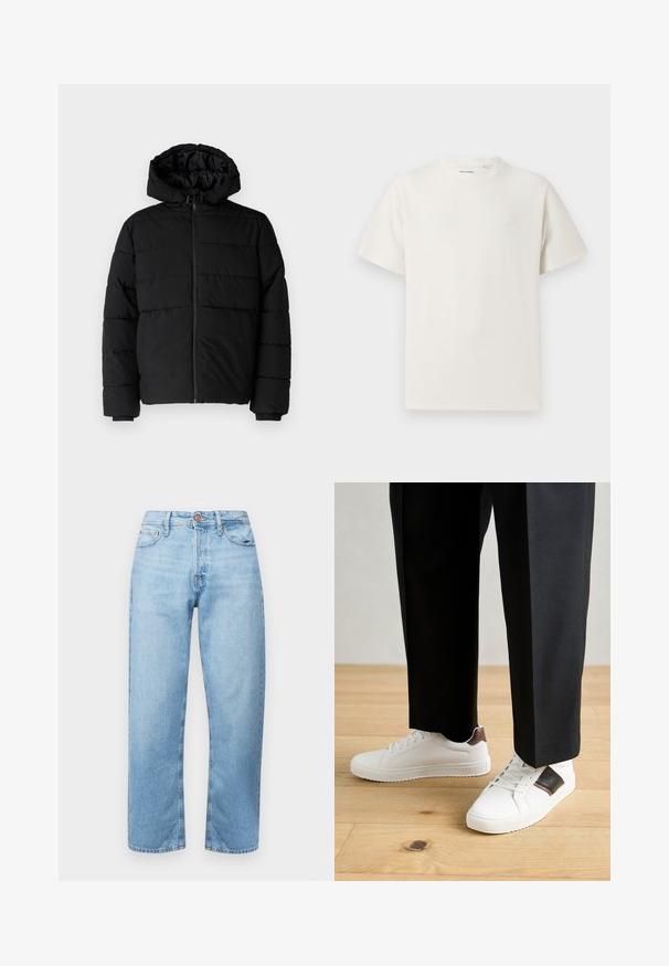 Juodas pūkinis švarkas su užtrauktuku priekyje, gaubtu ir horizontaliai siuvinėtu dizainu. Pagamintas iš lygaus, tvirto audinio su raukiniais ant rankovių.; Balta trumpa rankovė T-polo marškinėlių su juostelėmis tekstūra. Apvalus iškirpimas, laisvas fasonas, jokių matomų raštų ar akcentų. Paprastas ir universalus dizainas.; Šviesiai mėlynos džinsinės kelnės su tiesiu kirpimu, penkių kišenių dizainu ir mygtuko užsegimu. Lygus paviršius ir minimalus blukimas su siūtu akcentu.; Balti sportbačiai su glotnia danga, puošti rudais odiniais akcentais ir juodais detalėmis, derinami su juodais pritaikytais kelnėmis. Medinių grindų fonas.