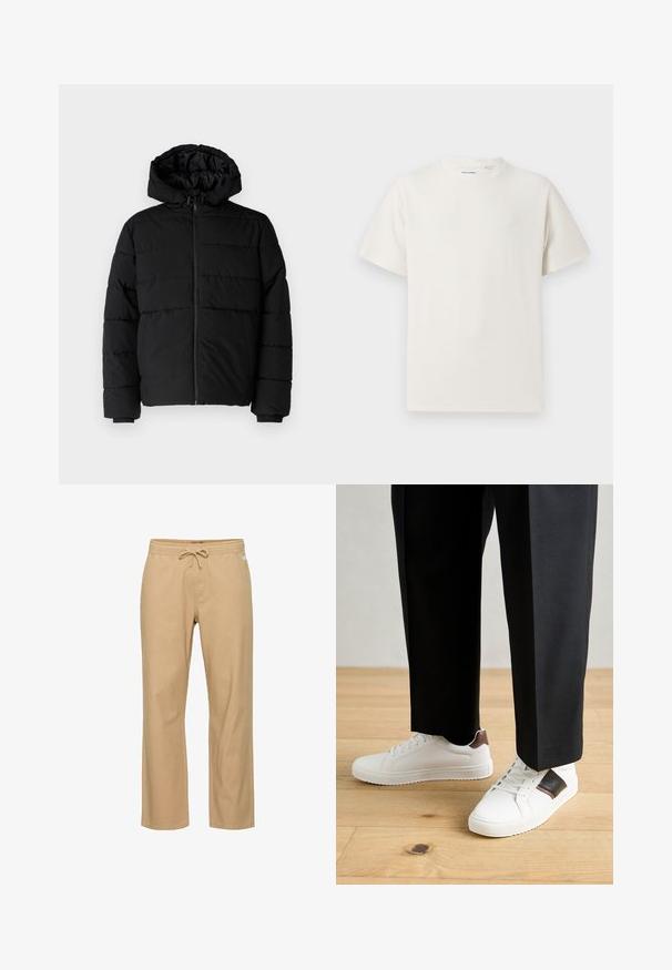 Čierna puff jacket s predným zipsom, kapucňou a horizontálnym prešívaním. Vyrobená z hladkej, odolnej tkaniny s rebrovanými manžetami.; Biela krátka tričko s krátkym rukávom so žebrovanou textúrou. Okrúhly výstrih, uvoľnený strih, žiadne viditeľné vzory ani akcenty. Jednoduchý a všestranný dizajn.; Béžové nohavice s rovnými nohavicami vyrobené z bavlny, s elastickým pásom a šnúrkou na zaväzovanie. Obsahujú bočné vrecká a majú hladkú textúru.; Biele tenisky s hladkým povrchom, s hnedými koženými akcentmi a čiernymi detailmi, spárované s čiernymi elegantnými nohavicami. Pozadím je drevená podlaha.