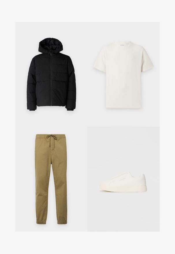 Melna pūkainā jaka ar rāvējslēdzēju priekšā, kapuci un horizontālu quiltēšanas dizainu. Izgatavota no gludas, izturīgas auduma ar ribotām piedurknēm.; Balta krūštura īsām piedurknēm ar ribota auduma faktūru. Apaļš kakla izgriezums, brīvs griezums, bez redzamām rakstām vai akcentiem. Vienkāršs un daudzpusīgs dizains.; Gaišs khaki krāsas jogger bikses ar elastīgu jostu, regulējamu auklu, sašaurinātām kājām un elastīgiem kakliem. Gluda, elpojoša auduma.; Baltas slip-on sporta apavi ar teksturētu virsmu, biezu zoli un minimālistisku dizainu. Sānos redzams zīmola logotips.