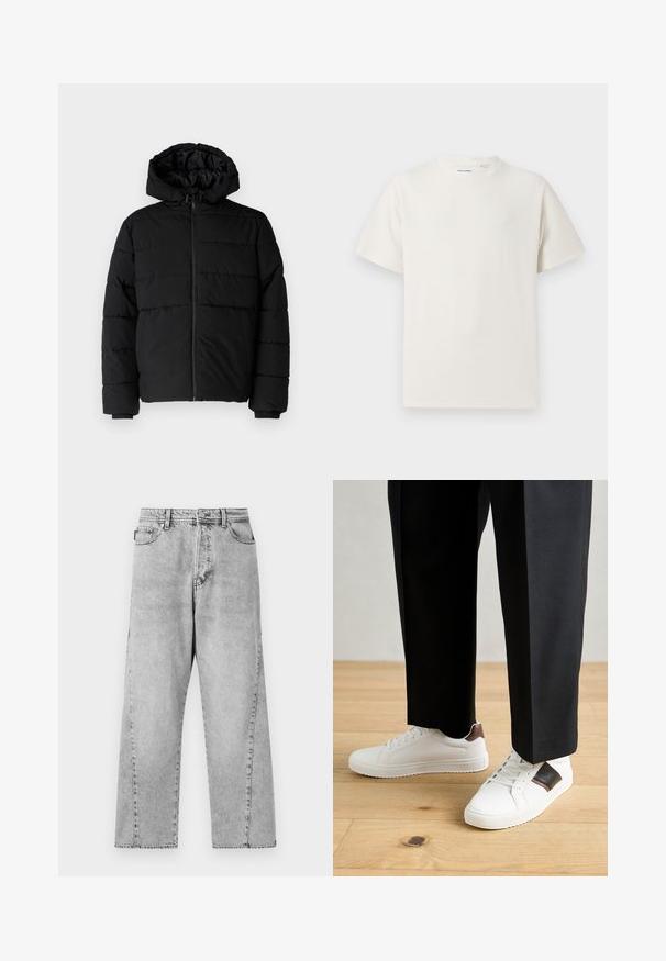 Must värvi puffernahk, millel on seljaed, kapuuts ja horisontaalne õmblusdisain. Valmistatud sujuvast, vastupidavast kangast ja ribakujuliste varrukaotste jaok.; Valge lühikeste varrukatega T-särk ribakudumises. Ümar kaelus, mugav lõige, nähtavad mustrid ega aksessuaarid puuduvad. Lihtne ja mitmekesine disain.; Hallideg denim laiad püksid kõrge vöökohaga, klassikalise viie tasku disainiga ja nähtavate õmbluse detailidega.; Valged sneakersid siledat tekstuurist, millel on pruunad nahast detailid ja mustad aksessuaarid, millele on sobitatud mustad kohandatud püksid. Puitpõranda taust.