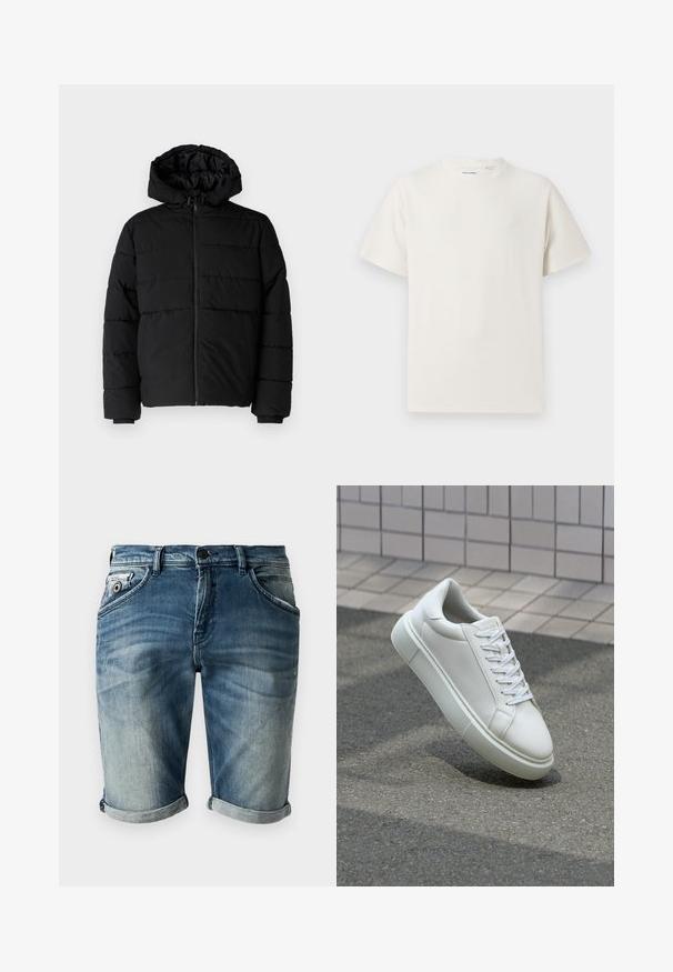 Casaco puffer preto com fecho de correr, capuz e design acolchoado horizontal. Feito de um tecido liso e durável com punhos canelados.; T-shirt branco de manga curta em textura canelada. Gola redonda, ajuste descontraído, sem padrões ou detalhes visíveis. Design simples e versátil.; Bermudas de ganga numa tonalidade azul desbotada com uma textura ligeiramente desgastada. Apresenta bainhas dobradas, bolsos frontais e um fecho clássico com botão.; Tênis de couro branco com superfície lisa, bico redondo e cadarços brancos planos. Apresenta uma sola de borracha texturizada e elementos de design minimalistas.