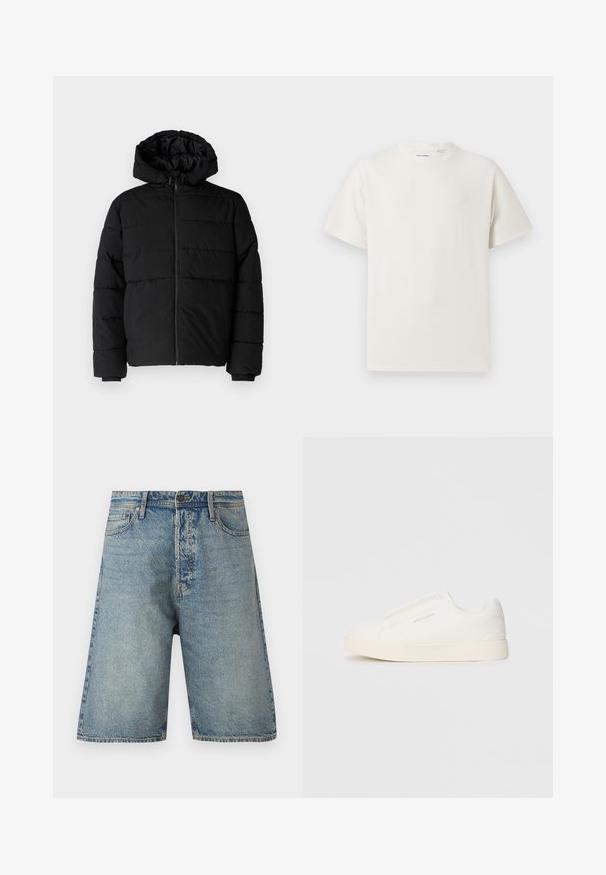 Black puffer jacket featuring a zip front, a hood, and horizontal quilted design. Made of a smooth, durable fabric with ribbed cuffs.; White short-sleeve T-shirt in a ribbed texture. Round neckline, relaxed fit, no visible patterns or accents. Simple and versatile design.; Denim shorts featuring a light blue wash, five-pocket design, and straight cut. Durable fabric with visible stitching and a button closure.; White slip-on sneakers with a textured surface, a thick sole, and minimalistic design. Features brand logo on the side.