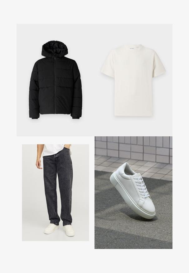 Svart boblejakke med glidelås foran, hette og horisontalt quiltet design. Laget av et glatt, slitesterkt stoff med ribbede cuffs.; Hvit T-skjorte med kort erm i ribbestrikket tekstur. Rund hals, avslappet passform, ingen synlige mønstre eller detaljer. Enkelt og allsidig design.; Jack & Jones JJIEDDIE JJORIGINAL - Baggy jeans - black denim; Hvit lær sneaker med glatt overflate, rund tå og flate hvite snøringer. Har en teksturert gummisåle og minimale design elementer.