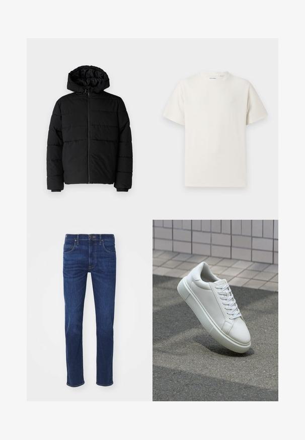 Svart boblejakke med glidelås foran, hette og horisontalt quiltet design. Laget av et glatt, slitesterkt stoff med ribbede cuffs.; Hvit T-skjorte med kort erm i ribbestrikket tekstur. Rund hals, avslappet passform, ingen synlige mønstre eller detaljer. Enkelt og allsidig design.; Blå denim jeans med rett ben-design, fem lommer og knappelukking. Tøyet har en glatt tekstur med lett falming.; Hvit lær sneaker med glatt overflate, rund tå og flate hvite snøringer. Har en teksturert gummisåle og minimale design elementer.