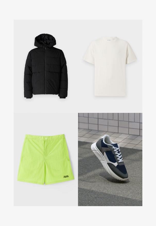 Czarna kurtka puchowa z zamkiem z przodu, kapturem i poziomym pikowaniem. Wykonana z gładkiego, trwałego materiału z prążkowanymi mankietami.; Biała krótka koszulka z krótkim rękawem o żebrowanej fakturze. Okrągły dekolt, luźny krój, brak widocznych wzorów lub akcentów. Prosty i uniwersalny design.; Neonowe zielone szorty wykonane z lekkiego materiału, z zapięciem na guzik, dwoma bocznymi kieszeniami i logo na dolnej prawej stronie.; Sneakers z granatową siateczkową cholewką, szarymi zamszowymi akcentami, białą gumową podeszwą i płaskimi białymi sznurówkami, zaprojektowane z myślą o komforcie i wentylacji.