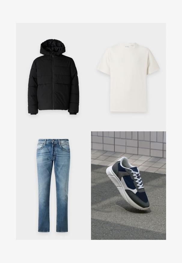 Casaco puffer preto com fecho de correr, capuz e design acolchoado horizontal. Feito de um tecido liso e durável com punhos canelados.; T-shirt branco de manga curta em textura canelada. Gola redonda, ajuste descontraído, sem padrões ou detalhes visíveis. Design simples e versátil.; Calças de ganga azul de pernas retas com detalhes desbotados, botão frontal e bolsos, exibidas contra um fundo branco liso.; Sapatilha com parte superior em malha azul-marinho, detalhes em camurça cinza, sola de borracha branca e atacadores brancos planos, projetada para conforto e respirabilidade.