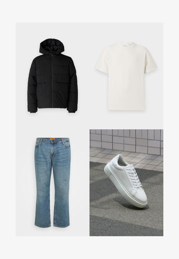 Svart boblejakke med glidelås foran, hette og horisontalt quiltet design. Laget av et glatt, slitesterkt stoff med ribbede cuffs.; Hvit T-skjorte med kort erm i ribbestrikket tekstur. Rund hals, avslappet passform, ingen synlige mønstre eller detaljer. Enkelt og allsidig design.; Lys blå denim jeans med rett benkutt, fem lommer, synlige sømmer og glidelås. Merket er gult på den indre livlina.; Hvit lær sneaker med glatt overflate, rund tå og flate hvite snøringer. Har en teksturert gummisåle og minimale design elementer.