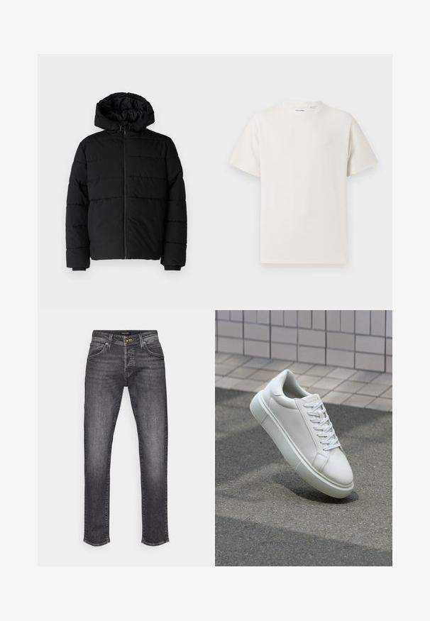 Svart boblejakke med glidelås foran, hette og horisontalt quiltet design. Laget av et glatt, slitesterkt stoff med ribbede cuffs.; Hvit T-skjorte med kort erm i ribbestrikket tekstur. Rund hals, avslappet passform, ingen synlige mønstre eller detaljer. Enkelt og allsidig design.; Mørk grå denimjeans med rett snitt, utstyrt med et klassisk femlommersdesign og en subtil falming. Metallknapp og glidelås.; Hvit lær sneaker med glatt overflate, rund tå og flate hvite snøringer. Har en teksturert gummisåle og minimale design elementer.