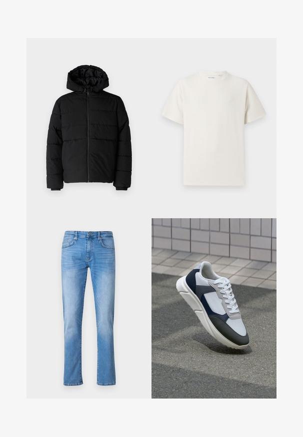 Zwarte pufferjack met een ritssluiting aan de voorkant, een capuchon en een horizontaal gestikt ontwerp. Gemaakt van een gladde, duurzame stof met ribgebreide manchetten.; Witte korte mouwen T-shirt met ribbelstructuur. Ronde hals, ontspannen pasvorm, geen zichtbare patronen of accenten. Eenvoudig en veelzijdig ontwerp.; Lichtblauwe denim jeans met een recht gesneden ontwerp, met vijf zakken, een knoop- en ritssluiting, en subtiele vervagingpatronen.; Witte, marineblauwe en grijze sneaker met een gemengde materiaald ontwerp, met een gestructureerde bovenkant, platte veters en een gevoerde zool.