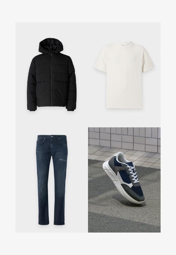 Jachetă puffer neagră cu fermoar în față, glugă și un design matlasat orizontal. Fabricată dintr-un material neted și rezistent, cu manșete ribbate.; Tricou alb cu maneci scurte, dintr-un material ribbed. Guler rotund, croi lejer, fără modele sau accente vizibile. Design simplu și versatil.; Blugi din denim bleu închis cu o croială dreaptă, având detalii distruse, estompare subtilă și un design clasic cu cinci buzunare.; Adidași cu un uppers din plasă albastră închisă, accente din suede gri, talpă din cauciuc alb și șireturi plate albe, concepuți pentru confort și respirabilitate.