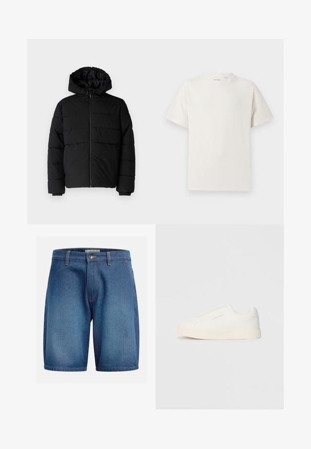 Schwarze Daunenjacke mit Reißverschluss vorne, Kapuze und horizontalem Steppmuster. Hergestellt aus einem glatten, strapazierfähigen Stoff mit gerippten Manschetten.; Weißes T-Shirt mit kurzen Ärmeln in gerippter Textur. Runder Ausschnitt, lockere Passform, keine sichtbaren Muster oder Akzente. Einfaches und vielseitiges Design.; Jeansshorts mit einer dunkelblauen Waschung, klassischem Fünf-Taschen-Design, Reißverschluss mit Knopfverschluss und kontrastierenden Nähten.; Weiße Slip-On-Sneaker mit einer strukturierten Oberfläche, dicker Sohle und minimalistischem Design. Mit Logo der Marke an der Seite.