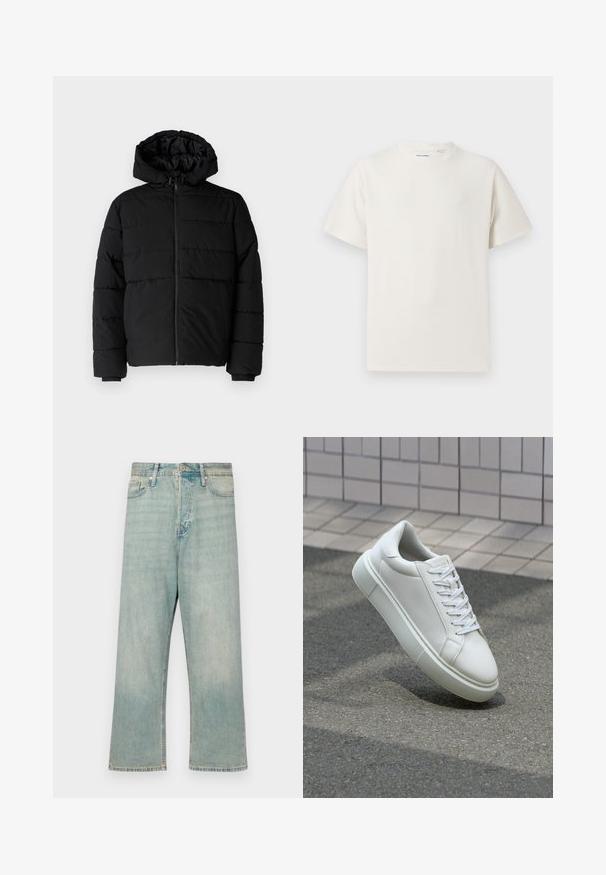 Musta puhvijakku, jossa on vetoketjukiinnitys, huppu ja vaakasuora tikkauksen rakenne. Valmistettu sileästä, kestävästä kankaasta, jossa on röpelöiset hihansuut.; Valkoinen lyhythihainen T-paita ribbikuviossa. Pyöreä kaula-aukko, rento istuvuus, ei näkyviä kuvioita tai yksityiskohtia. Yksinkertainen ja monikäyttöinen muotoilu.; Vaaleansiniset farkut, joissa on rento malli, suorat lahkeet ja haalistunut pinta; varustettu klassisella nappi- ja vetoketjukiinnityksellä.; Valkoinen nahkainen lenkkari, jossa on sileä pinta, pyöreä kärki ja tasaiset valkoiset nauhat. Varustettu teksturoidulla kumi-pohjalla ja vähäisillä muotoiluelementeillä.