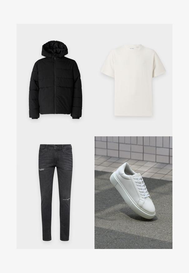 Casaco puffer preto com fecho de correr, capuz e design acolchoado horizontal. Feito de um tecido liso e durável com punhos canelados.; T-shirt branco de manga curta em textura canelada. Gola redonda, ajuste descontraído, sem padrões ou detalhes visíveis. Design simples e versátil.; Jeans skinny pretos feitos de denim, com detalhes desgastados nos joelhos, design de cinco bolsos e um fecho clássico com botão e zip.; Tênis de couro branco com superfície lisa, bico redondo e cadarços brancos planos. Apresenta uma sola de borracha texturizada e elementos de design minimalistas.