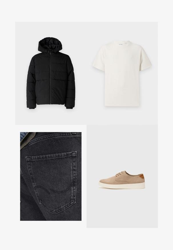 Svart boblejakke med glidelås foran, hette og horisontalt quiltet design. Laget av et glatt, slitesterkt stoff med ribbede cuffs.; Hvit T-skjorte med kort erm i ribbestrikket tekstur. Rund hals, avslappet passform, ingen synlige mønstre eller detaljer. Enkelt og allsidig design.; Svarte denimjeans med en baklomme med subtile sømdetaljer. Teksturen er litt slitt med en myk, falmet finish.; Beige semskinnsko med rund tå, snøring foran og en teksturert bakre aksent. Hvit gummisåle gir kontrast. Enkelt og moderne design.