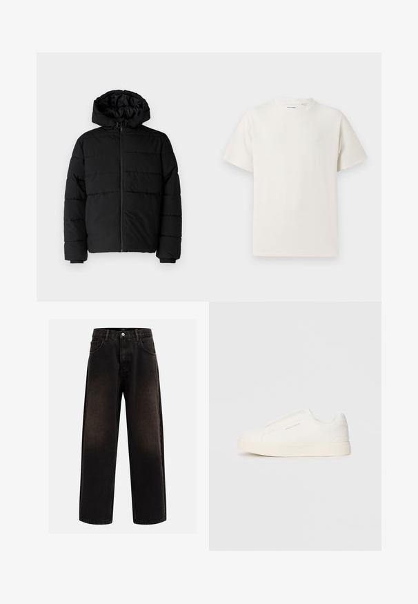 Fekete puff dzseki cipzárral elöl, kapucnival és vízszintes steppelt mintázattal. Simább, tartós anyagból készült, bordázott mandzsettákkal.; Fehér, rövid ujjú póló bordázott textúrával. Kerek nyakkivágás, laza szabás, nincs látható minta vagy díszítés. Egyszerű és sokoldalú dizájn.; Fekete farmernadrág laza szabással, övhurkokkal, öt zsebes kialakítással és gombos záródással. Texturált anyag, enyhe kopással.; Fehér slip-on sportcipők texturált felülettel, vastag talppal és minimalista dizájnnal. Az oldalon a márka logója található.
