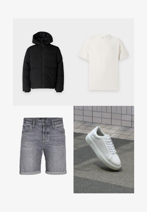 Černá péřová bunda s předním zipem, kapucí a vodorovným prošíváním. Vyrobena z hladké a odolné látky s žebrovanými manžetami.; Bílý krátký rukáv tričko s pružnou strukturou. Kulatý výstřih, volný střih, bez viditelných vzorů nebo detailů. Jednoduchý a univerzální design.; Šedé denimové šortky s mírně opotřebovaným vzhledem, s ohrnutým lemem, pětidílným designem kapes a zapínáním na knoflík. Nálepka: JACK & JONES.; Bílé kožené tenisky s hladkým povrchem, kulatou špičkou a plochými bílými tkaničkami. Disponují texturovanou gumovou podrážkou a minimálními designovými prvky.