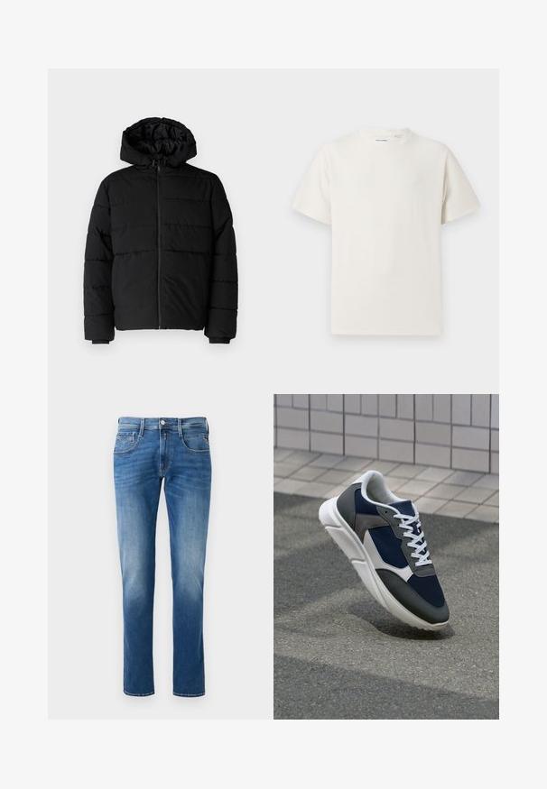 Casaco puffer preto com fecho de correr, capuz e design acolchoado horizontal. Feito de um tecido liso e durável com punhos canelados.; T-shirt branco de manga curta em textura canelada. Gola redonda, ajuste descontraído, sem padrões ou detalhes visíveis. Design simples e versátil.; Calças de ganga azuis para homem com um acabamento desbotado, design de perna reta, cinco bolsos e fecho frontal com botão. Detalhes cosidos nos bolsos.; Sapatilha com parte superior em malha azul-marinho, detalhes em camurça cinza, sola de borracha branca e atacadores brancos planos, projetada para conforto e respirabilidade.