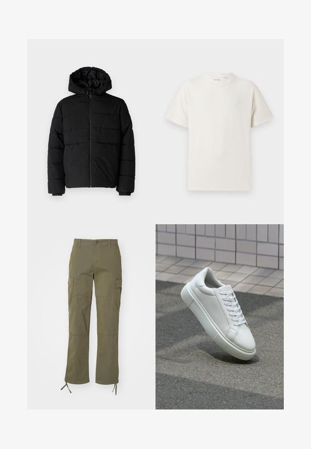 Schwarze Daunenjacke mit Reißverschluss vorne, Kapuze und horizontalem Steppmuster. Hergestellt aus einem glatten, strapazierfähigen Stoff mit gerippten Manschetten.; Weißes T-Shirt mit kurzen Ärmeln in gerippter Textur. Runder Ausschnitt, lockere Passform, keine sichtbaren Muster oder Akzente. Einfaches und vielseitiges Design.; Olivegrüne Cargo-Hosen mit geradem Bein, ausgestattet mit zwei Seitentaschen und verstellbaren Bändern an den Bündchen. Hergestellt aus strapazierfähigem Material.; Weiße Leder-Sneaker mit glatter Oberfläche, runder Zehenpartie und flachen weißen Schnürsenkeln. Verfügt über eine strukturierte Gummisohle und minimalistische Designelemente.