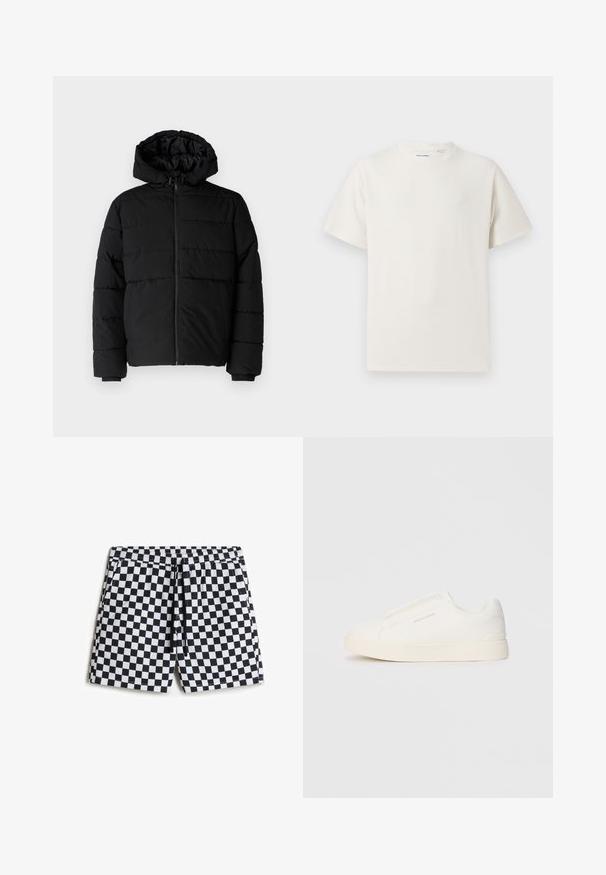 Black puffer jacket featuring a zip front, a hood, and horizontal quilted design. Made of a smooth, durable fabric with ribbed cuffs.; White short-sleeve T-shirt in a ribbed texture. Round neckline, relaxed fit, no visible patterns or accents. Simple and versatile design.; Black and white checkered swim shorts with an elastic waistband, drawstring, and side pockets, featuring a smooth, lightweight fabric.; White slip-on sneakers with a textured surface, a thick sole, and minimalistic design. Features brand logo on the side.