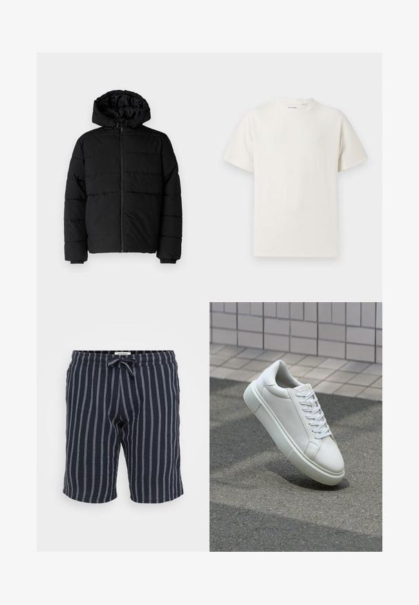 Jachetă puffer neagră cu fermoar în față, glugă și un design matlasat orizontal. Fabricată dintr-un material neted și rezistent, cu manșete ribbate.; Tricou alb cu maneci scurte, dintr-un material ribbed. Guler rotund, croi lejer, fără modele sau accente vizibile. Design simplu și versatil.; Șorturi în dungi, de culoare albastru închis, confecționate dintr-un material ușor, având un curea elastică cu șnur și dungi verticale de culoare albastru deschis.; Sneaker alb din piele cu o suprafață netedă, vârf rotund și șireturi plate albe. Dispune de o talpă din cauciuc texturată și elemente de design minimale.