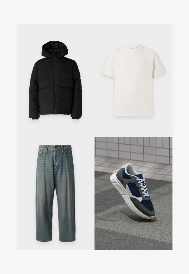 Black puffer jacket featuring a zip front, a hood, and horizontal quilted design. Made of a smooth, durable fabric with ribbed cuffs.; White short-sleeve T-shirt in a ribbed texture. Round neckline, relaxed fit, no visible patterns or accents. Simple and versatile design.; Light blue denim jeans with a loose fit, mid-rise waist, and straight legs. Features five pockets, belt loops, and a button closure.; Sneaker featuring a navy blue mesh upper, gray suede accents, white rubber sole, and flat white laces, designed for comfort and breathability.