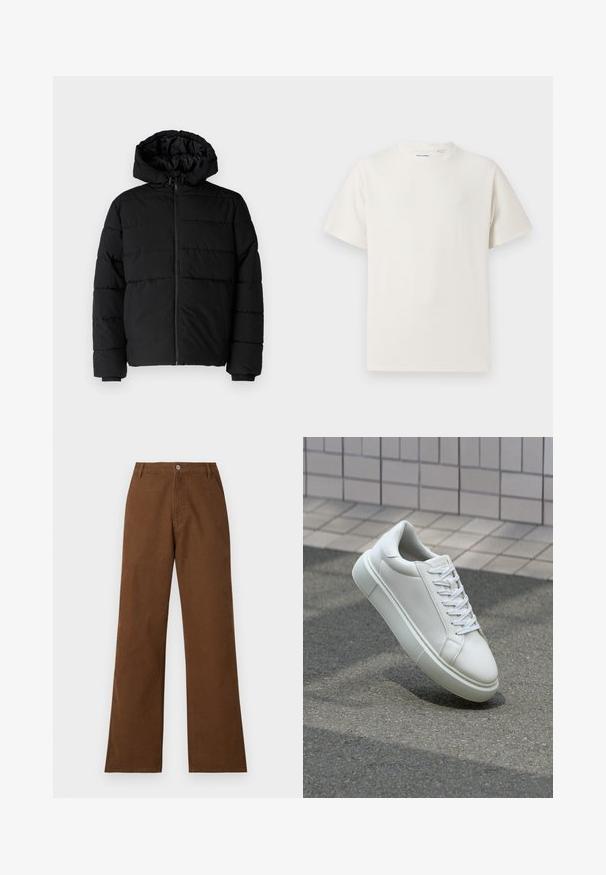 Svart boblejakke med glidelås foran, hette og horisontalt quiltet design. Laget av et glatt, slitesterkt stoff med ribbede cuffs.; Hvit T-skjorte med kort erm i ribbestrikket tekstur. Rund hals, avslappet passform, ingen synlige mønstre eller detaljer. Enkelt og allsidig design.; Brune bomullbukser med rette ben, knappelukking og to frontlommer. Glatt tekstur uten synlige mønstre eller dekorasjoner.; Hvit lær sneaker med glatt overflate, rund tå og flate hvite snøringer. Har en teksturert gummisåle og minimale design elementer.