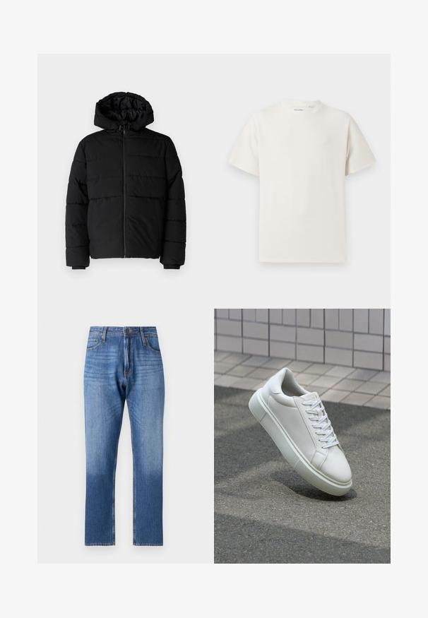 Black puffer jacket featuring a zip front, a hood, and horizontal quilted design. Made of a smooth, durable fabric with ribbed cuffs.; White short-sleeve T-shirt in a ribbed texture. Round neckline, relaxed fit, no visible patterns or accents. Simple and versatile design.; Blue denim jeans with a gradual lightening effect toward the hem, straight leg design, five pockets, and metal button closure.; White leather sneaker with a smooth surface, round toe, and flat white laces. Features a textured rubber sole and minimal design elements.