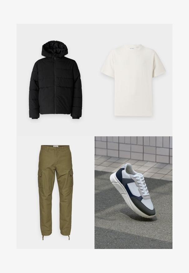 Chaqueta acolchada negra con cremallera frontal, capucha y diseño acolchado horizontal. Fabricada con un tejido suave y duradero con puños acanalados.; Camiseta blanca de manga corta en textura acanalada. Cuello redondo, corte relajado, sin patrones ni acentos visibles. Diseño simple y versátil.; Pantalones cargo verde oliva de algodón con dos bolsillos laterales, puños con cordón en los tobillos y botón de cierre en la cinturilla.; Zapatilla blanca, azul marino y gris con un diseño de materiales mixtos, que presenta una parte superior texturizada, cordones planos y una suela acolchada.