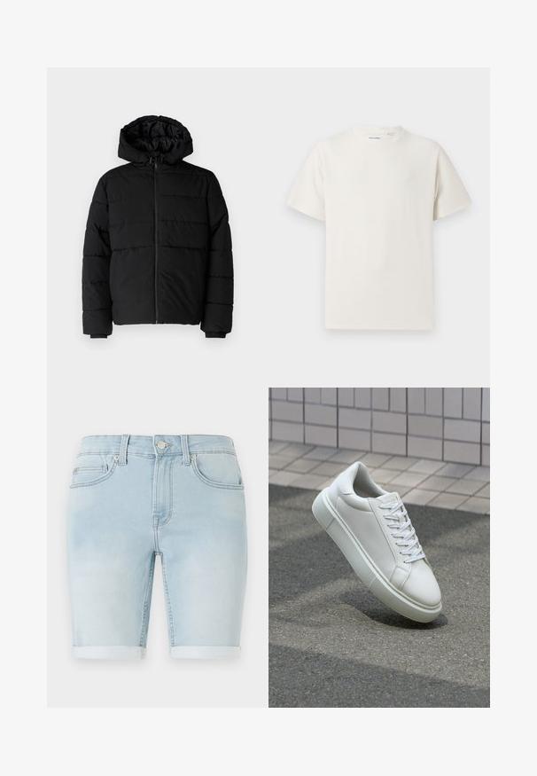 Casaco puffer preto com fecho de correr, capuz e design acolchoado horizontal. Feito de um tecido liso e durável com punhos canelados.; T-shirt branco de manga curta em textura canelada. Gola redonda, ajuste descontraído, sem padrões ou detalhes visíveis. Design simples e versátil.; Shorts de denim azul claro com bainha dobrada, design clássico de cinco bolsos e fecho de botão na frente. Textura suave com ligeira descoloração.; Tênis de couro branco com superfície lisa, bico redondo e cadarços brancos planos. Apresenta uma sola de borracha texturizada e elementos de design minimalistas.