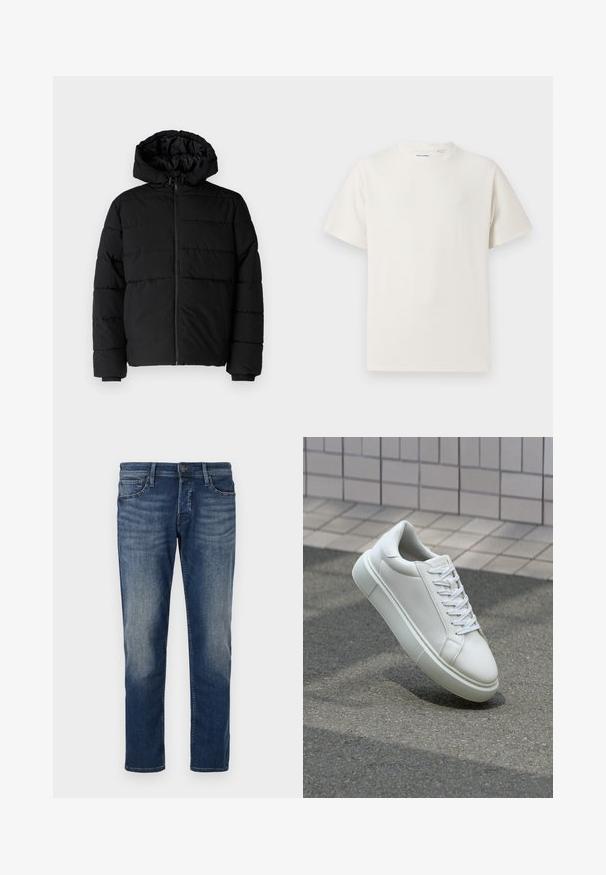 Casaco puffer preto com fecho de correr, capuz e design acolchoado horizontal. Feito de um tecido liso e durável com punhos canelados.; T-shirt branco de manga curta em textura canelada. Gola redonda, ajuste descontraído, sem padrões ou detalhes visíveis. Design simples e versátil.; Jeans de ganga azul-escuro com um corte clássico, design de cinco bolsos, desbotamento subtil nas coxas e corte reto. Fecho com botão de metal.; Tênis de couro branco com superfície lisa, bico redondo e cadarços brancos planos. Apresenta uma sola de borracha texturizada e elementos de design minimalistas.