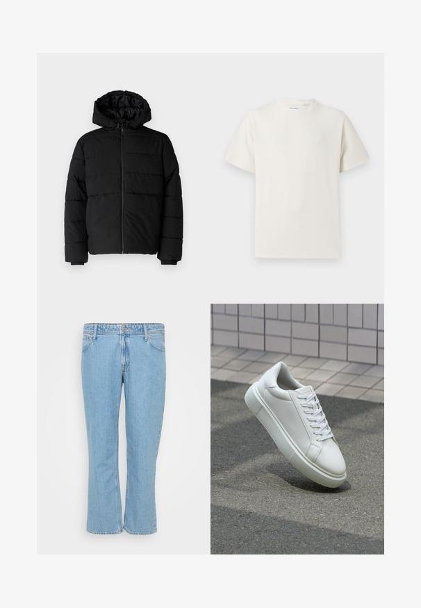 Melna pūkainā jaka ar rāvējslēdzēju priekšā, kapuci un horizontālu quiltēšanas dizainu. Izgatavota no gludas, izturīgas auduma ar ribotām piedurknēm.; Balta krūštura īsām piedurknēm ar ribota auduma faktūru. Apaļš kakla izgriezums, brīvs griezums, bez redzamām rakstām vai akcentiem. Vienkāršs un daudzpusīgs dizains.; Gai zilas džinsu bikses ar taisnu kāju dizainu, piecas kabatas un pogu aizdare jostasvietā.; Baltas ādas sporta apavi ar gludu virsmu, apaļu pirkstu un plakanām baltām šņorēm. Iezīmējas ar strukturētu gumijas zoli un minimālisma dizaina elementiem.