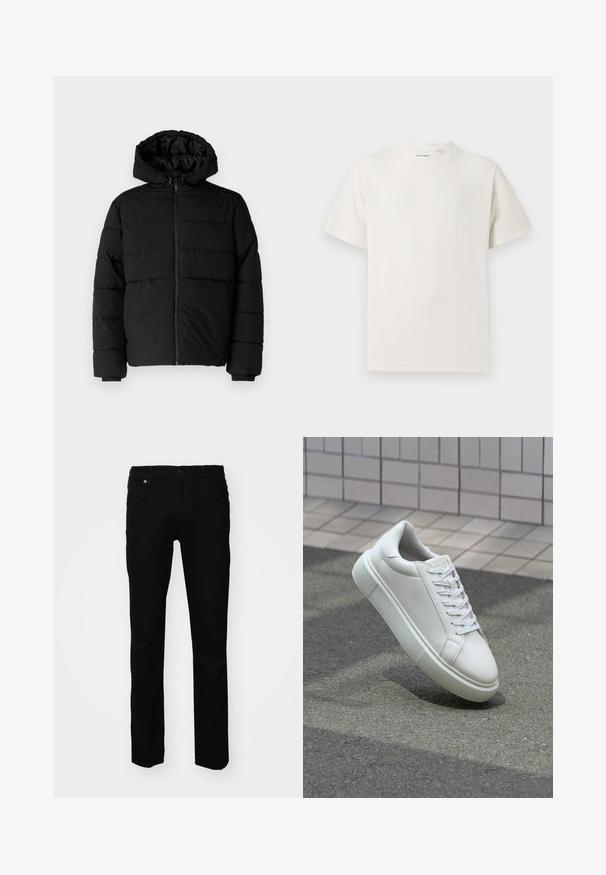 Svart boblejakke med glidelås foran, hette og horisontalt quiltet design. Laget av et glatt, slitesterkt stoff med ribbede cuffs.; Hvit T-skjorte med kort erm i ribbestrikket tekstur. Rund hals, avslappet passform, ingen synlige mønstre eller detaljer. Enkelt og allsidig design.; Svarte denimjeans med smal passform. Funksjoner inkluderer knappelukking foran, beltehemper og tradisjonell fem-lomme design. Glatt tekstur.; Hvit lær sneaker med glatt overflate, rund tå og flate hvite snøringer. Har en teksturert gummisåle og minimale design elementer.