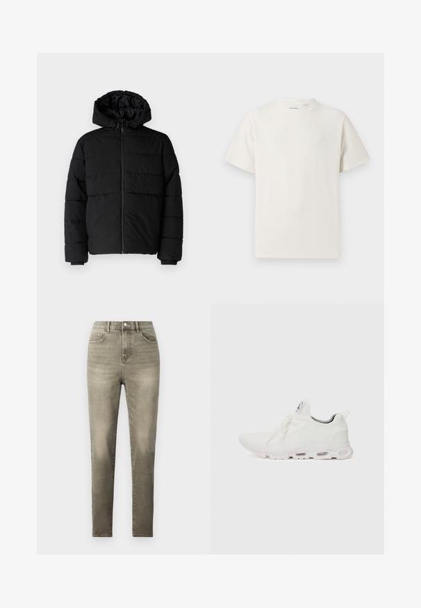 Svart boblejakke med glidelås foran, hette og horisontalt quiltet design. Laget av et glatt, slitesterkt stoff med ribbede cuffs.; Hvit T-skjorte med kort erm i ribbestrikket tekstur. Rund hals, avslappet passform, ingen synlige mønstre eller detaljer. Enkelt og allsidig design.; Grå høytlivte jeans i denimstoff, med knappelukking, fem lommer og slim-fit design med subtile falming.; Hvite atletiske sko med et teksturert strikket overdel, flate snører og en polstret såle med synlige luftkamre for ekstra støtte.