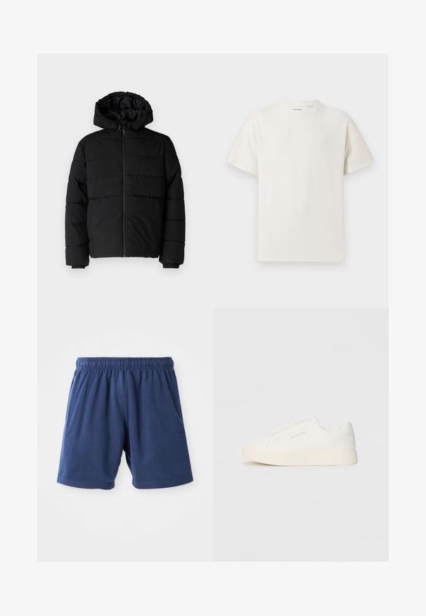 Černá péřová bunda s předním zipem, kapucí a vodorovným prošíváním. Vyrobena z hladké a odolné látky s žebrovanými manžetami.; Bílý krátký rukáv tričko s pružnou strukturou. Kulatý výstřih, volný střih, bez viditelných vzorů nebo detailů. Jednoduchý a univerzální design.; Námořnické šortky vyrobené z měkké bavlněné směsi, s elastickým pasem, bočními kapsami a rovnými nohavicemi. Ideální na volný čas.; Bílé slip-on tenisky s texturovaným povrchem, silnou podešví a minimalistickým designem. Na boku je umístěno logo značky.