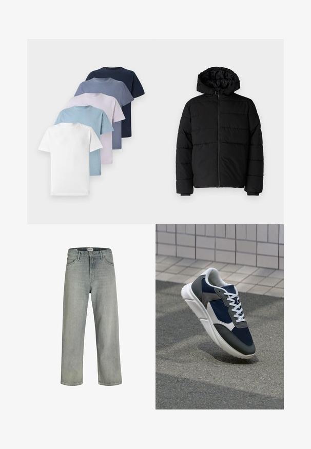 Schwarze Daunenjacke mit Reißverschluss vorne, Kapuze und horizontalem Steppmuster. Hergestellt aus einem glatten, strapazierfähigen Stoff mit gerippten Manschetten.; Fünf Rundhals-T-Shirts in verschiedenen Farben: Weiß, Hellblau, Helllila, Dunkelblau und Marineblau. Aus Baumwolle mit kurzen Ärmeln.; Hellgraue, locker sitzende Jeans aus Denim. Verfügt über ein klassisches Fünf-Taschen-Design, Gürtelschlaufen und eine gerade Bein-Silhouette.; Sneaker mit einem Obermaterial aus navyblauem Mesh, grauen Wildlederelementen, einer weißen Gummisohle und flachen weißen Schnürsenkeln, entworfen für Komfort und Atmungsaktivität.