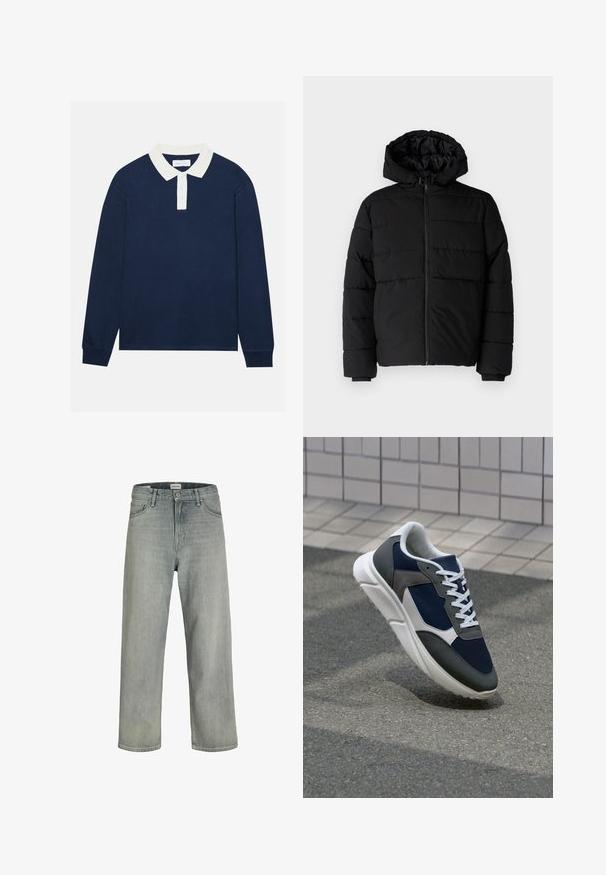 Svart boblejakke med glidelås foran, hette og horisontalt quiltet design. Laget av et glatt, slitesterkt stoff med ribbede cuffs.; Marineblå langermet poloskjorte med hvit ribbestrikket krage og placket med tre knapper. Myk tekstur, rettskåret nederkant og ribbestrikkede mansjetter.; Lys grå, løstsittende jeans laget av denim. Har en klassisk fem-lomme-design, beltehemper og en rett ben-silhuett.; Sneakers med en navy blå mesh-overdel, grå sømværk, hvit gummisåle og flate hvite snører, designet for komfort og pusteevne.