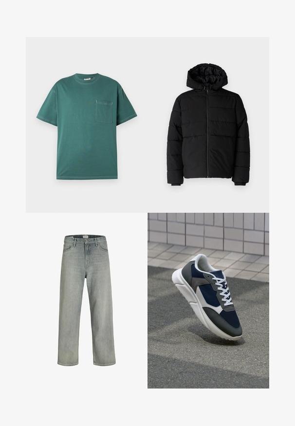 Black puffer jacket featuring a zip front, a hood, and horizontal quilted design. Made of a smooth, durable fabric with ribbed cuffs.; Teal short-sleeve T-shirt with white stitching and a chest pocket on the left side, displayed against a plain white background.; Light gray, loose-fitting jeans made of denim. Features a classic five-pocket design, belt loops, and a straight leg silhouette.; Sneaker featuring a navy blue mesh upper, gray suede accents, white rubber sole, and flat white laces, designed for comfort and breathability.