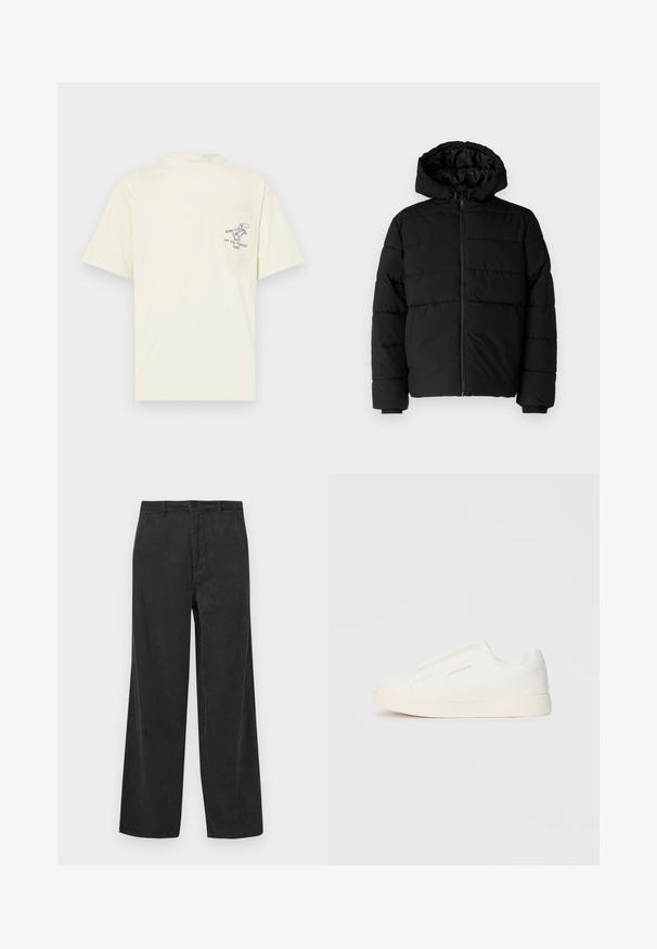 Musta puhvijakku, jossa on vetoketjukiinnitys, huppu ja vaakasuora tikkauksen rakenne. Valmistettu sileästä, kestävästä kankaasta, jossa on röpelöiset hihansuut.; Lyhytnukkainen, vaaleancreme t-paita, joka on valmistettu puuvillasta. Paidassa on vasemmalla rintataskussa musta graafinen kuva ja teksti.; Mustat corduroy-housut leveällä lahkeella, joissa on pystysuuntainen nauhakuvio, vetoketjukiinnitys napilla ja etutaskut.; Valkoiset liukusukat, joissa on teksturoitu pinta, paksu pohja ja minimalistikot. Sivulla on brändin logo.