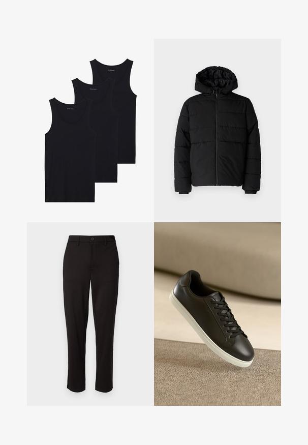 Črna puhovka z zadrgo spredaj, kapuco in vodoravno šivano obliko. Narejena je iz gladkega, trpežnega materiala z rebrastimi manšetami.; Tri črne bombažne majice brez rokavov z rebrasto teksturo, ki imajo okroglo ovratnico, zložene ene na drugo.; Črne hlače iz lahkega materiala, s pravimi hlačnicami, sprednjim gumbom za zapiranje, zankami za pas in stranskimi žepi.; Črne usnjene superge z belo gumijasto podplatom in črnimi vezalkami, postavljene na bež tkaninsko površino in ozadje.