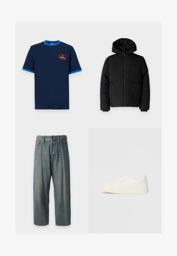 Juodas pūkinis švarkas su užtrauktuku priekyje, gaubtu ir horizontaliai siuvinėtu dizainu. Pagamintas iš lygaus, tvirto audinio su raukiniais ant rankovių.; Jūrinės medvilnės marškinėliai su šviesiai mėlynu apykakle ir rankovių apdaila. Kairėje krūtinės pusėje yra oranžinis išsiuvinėtas Adidas logotipas.; Šviesiai mėlyni džinsai su laisvu siluetu, vidutinio aukščio juosmeniu ir tiesiomis kojomis. Su penkiais kišenėmis, diržo kilpo ir mygtukų uždarymu.; Baltos slip-on sportbačiai su tekstūruota paviršiumi, storesniu padu ir minimalistišku dizainu. Šone matosi prekės ženklo logotipas.