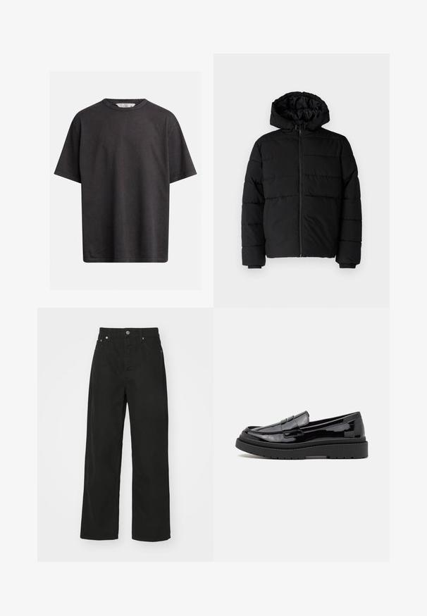 Juodas pūkinis švarkas su užtrauktuku priekyje, gaubtu ir horizontaliai siuvinėtu dizainu. Pagamintas iš lygaus, tvirto audinio su raukiniais ant rankovių.; Tamsiai pilka medvilnės marškinėliai su apvaliu iškirpimu, trumpomis rankovėmis ir laisvu siluetu. Yra subtilios siuvimo detalės.; Juodi džinsai su tiesios kojos dizainu, turintys penkias kišenes, mygtuko uždarymą ir klasikiniu juosmeniu. Lygi tekstūra.; Juodi patentiniai odiniai loafersai su apvaliu nosiu, dekoratyvia juostele ir storu juodu guminio pado. Lygus blizgus paviršius su minimaliu siuvimu.