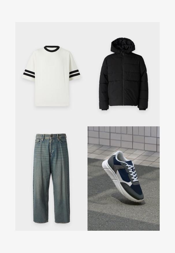 Casaco puffer preto com fecho de correr, capuz e design acolchoado horizontal. Feito de um tecido liso e durável com punhos canelados.; T-shirt de desporto branca com gola redonda acolchoada preta e mangas curtas, apresentando duas riscas pretas em cada manga. Textura suave, ajuste solto.; Jeans de ganga azul claro com um corte solto, cintura média e pernas retas. Apresenta cinco bolsos, passadores de cinto e fecho com botão.; Sapatilha com parte superior em malha azul-marinho, detalhes em camurça cinza, sola de borracha branca e atacadores brancos planos, projetada para conforto e respirabilidade.