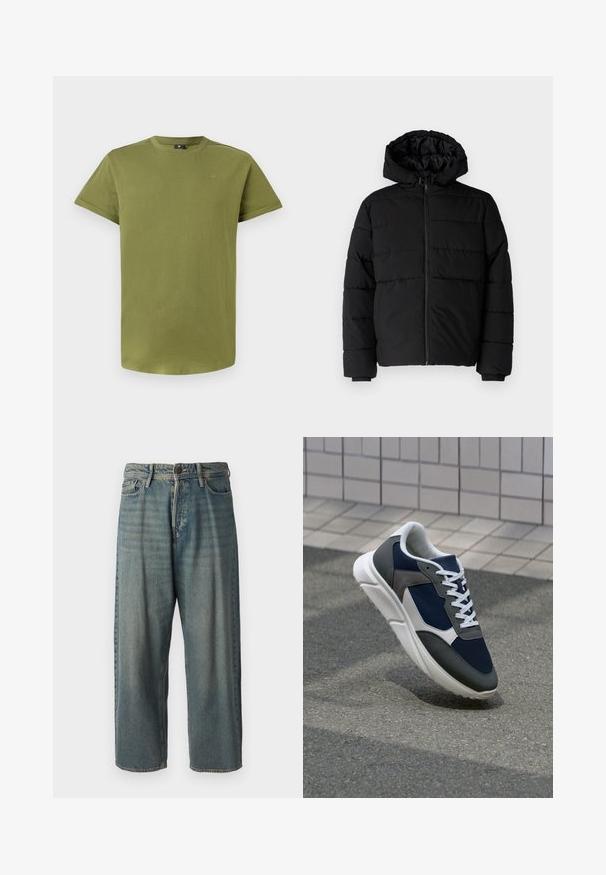 Casaco puffer preto com fecho de correr, capuz e design acolchoado horizontal. Feito de um tecido liso e durável com punhos canelados.; T-shirt de manga curta na cor verde-oliva, feita de algodão macio, com decote redondo e um logótipo discreto no peito. Textura suave em toda a peça.; Jeans de ganga azul claro com um corte solto, cintura média e pernas retas. Apresenta cinco bolsos, passadores de cinto e fecho com botão.; Sapatilha com parte superior em malha azul-marinho, detalhes em camurça cinza, sola de borracha branca e atacadores brancos planos, projetada para conforto e respirabilidade.
