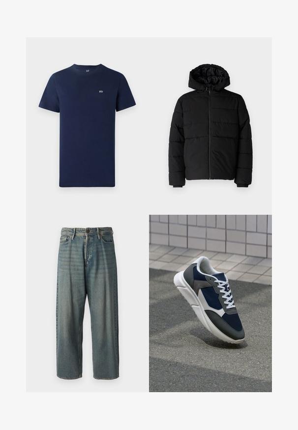 Casaco puffer preto com fecho de correr, capuz e design acolchoado horizontal. Feito de um tecido liso e durável com punhos canelados.; T-shirt de algodão azul-marinho com mangas curtas, decote redondo e um pequeno logótipo bordado no peito. Design simples, textura sem adornos.; Jeans de ganga azul claro com um corte solto, cintura média e pernas retas. Apresenta cinco bolsos, passadores de cinto e fecho com botão.; Sapatilha com parte superior em malha azul-marinho, detalhes em camurça cinza, sola de borracha branca e atacadores brancos planos, projetada para conforto e respirabilidade.