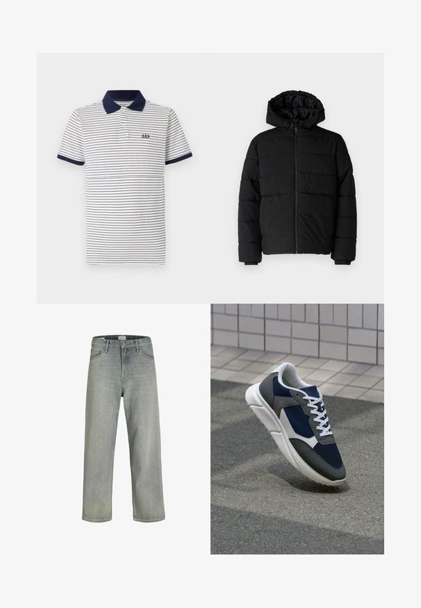 Juodas pūkinis švarkas su užtrauktuku priekyje, gaubtu ir horizontaliai siuvinėtu dizainu. Pagamintas iš lygaus, tvirto audinio su raukiniais ant rankovių.; Baltas polo marškinėliai su tamsiai mėlynomis juostelėmis, turi tamsiai mėlyną apykaklę ir tamsiai mėlynus rankogalius, du mygtukus ant kaklo ir mažą tamsiai mėlyną logotipą krūtinėje.; Šviesiai pilkos, laisvai krentančios džinsinės kelnės. Turi klasikinį penkių kišenių dizainą, diržo kilpas ir tiesius kojų siluetus.; Sportiniai bateliai su tamsiai mėlynu tinkliniu viršumi, pilkais zomšiniais akcentais, balta guma padanga ir plokščiomis baltomis raištelėmis, sukurti komfortui ir oro pralaidumui.
