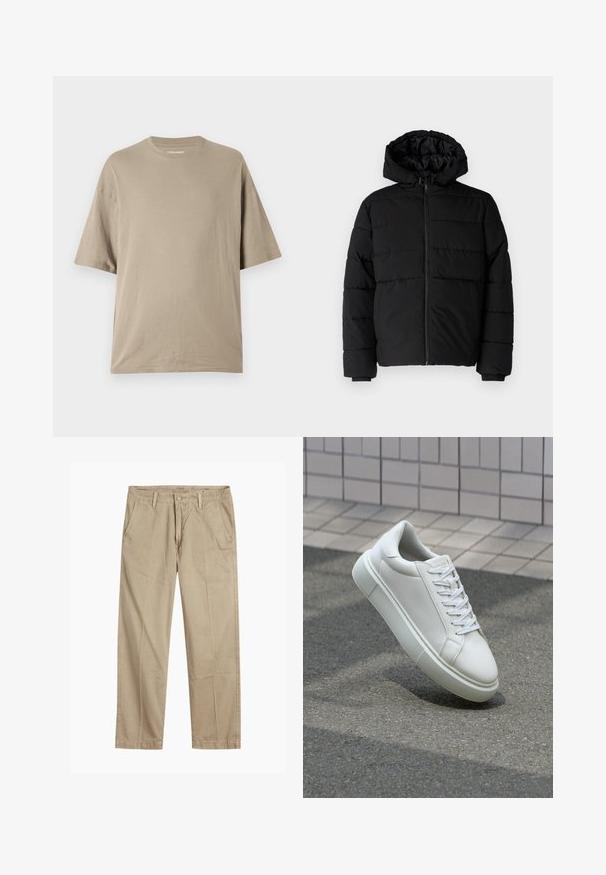 Musta puhvijakku, jossa on vetoketjukiinnitys, huppu ja vaakasuora tikkauksen rakenne. Valmistettu sileästä, kestävästä kankaasta, jossa on röpelöiset hihansuut.; Vaaleanbeige lyhythihainen t-paita, joka on valmistettu pehmeästä puuvillasta. Tässä t-paidassa on pyöreä kaula-aukko ja rento istuvuus, joka tarjoaa sileän tuntuman ja minimaalisen yksityiskohtaisuuden.; Beige suorat lahkeet chinosit vyölenkkeillä, etupainike- ja vetskarikiinnitys sekä viistot etutaskut.; Valkoinen nahkainen lenkkari, jossa on sileä pinta, pyöreä kärki ja tasaiset valkoiset nauhat. Varustettu teksturoidulla kumi-pohjalla ja vähäisillä muotoiluelementeillä.