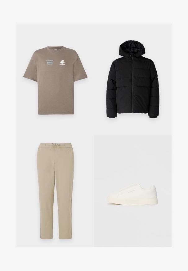 Juodas pūkinis švarkas su užtrauktuku priekyje, gaubtu ir horizontaliai siuvinėtu dizainu. Pagamintas iš lygaus, tvirto audinio su raukiniais ant rankovių.; Rudos spalvos medvilninis marškinėliai su apvaliu iškirpimu. Priekyje yra mėlyna užrašas "Universal Athletic Apparel" ir balta "4th quarter" emblema. Trumpi rankoviai.; Šviesiai rudos spalvos poilsio kelnės su elastinga juosmele ir raišteliu, turinčios tiesaus kirpimo dizainą ir švelnią, lygų tekstūrą.; Baltos slip-on sportbačiai su tekstūruota paviršiumi, storesniu padu ir minimalistišku dizainu. Šone matosi prekės ženklo logotipas.