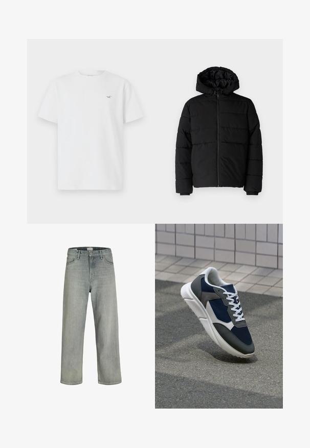 Svart puffjacka med dragkedja fram, huva och horisontellt quiltat mönster. Tillverkad av ett slätt, hållbart tyg med ribbade ärmslut.; Vit bomull T-shirt med korta ärmar, rund halsringning och en liten grå logotyp på vänster bröstområde. Slät textur.; Ljust grå, löst sittande jeans av denim. Har en klassisk fem-fickorsdesign, bältesöglor och en rak benprofil.; Sko med överdel i marinblå mesh, grå mockadetaljer, vit gummisula och platta vita snören, designad för komfort och andningsförmåga.